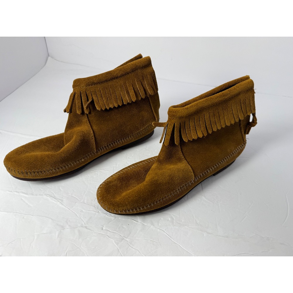 Minnetonka Suede Fringe Back Zip Moccasin Ankle Boots Brown Tan Womens 8